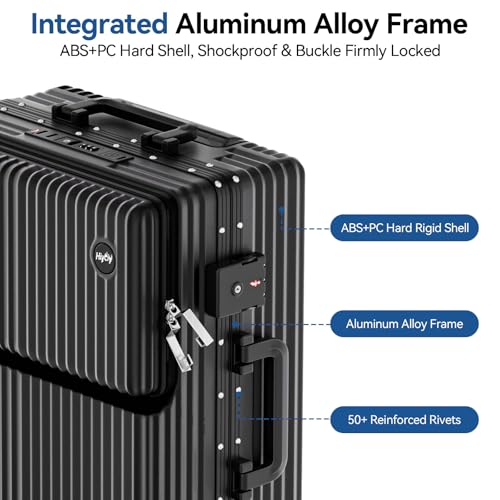 Hiyciy 20 Inch Carry On Luggage Front Pocket, Aluminum Frame PC Hardside Suitcase with Quick Makeup Area, Cup Holder & USB Charger, Spinner Wheels for Weekend Travel (Black, 20 Inch)