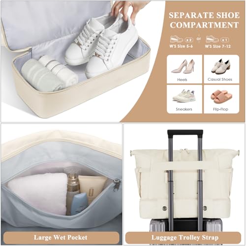 ETRONIK Gym Bag for Women, Personal Item Travel Bag with Shoes Compartment, Weekender Overnight Duffel Bag with Wet Pocket, Carry On Bag for Women, Travel, Gym, Weekend (Beige)
