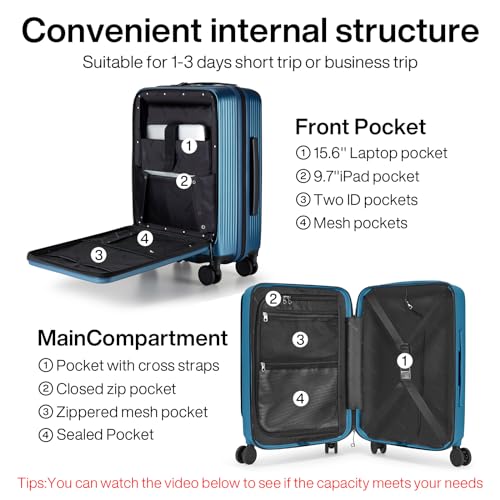 Hanke 20 Inch Carry On Luggage Airline Approved Hard Shell Suitcases with Wheels & Front Pocket Travel Luggage Lightweight Carry On Suitcase for Travel Rolling Luggage(Blue)