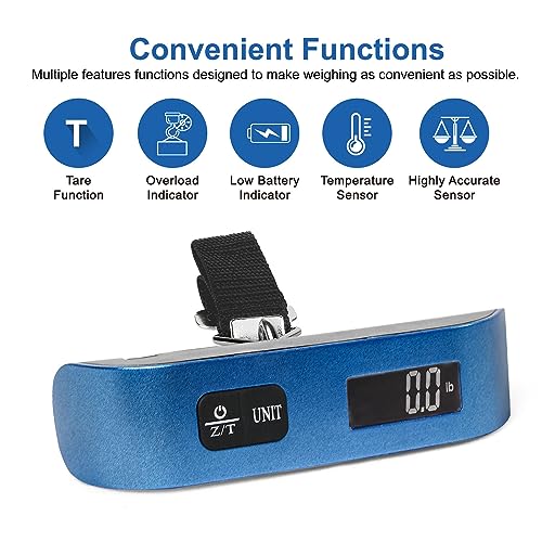 travel inspira Luggage Scale, Portable Digital Hanging Baggage Scale for Travel, Suitcase Weight Scale with Rubber Paint, 110 Pounds, Battery Included - Blue