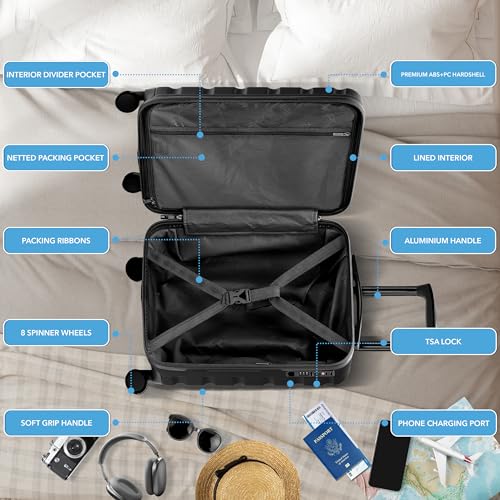 Flight Knight 22x14x9" Expandable Carry On Suitcase Hardside TSA Lock USB C Port Lightweight Luggage Silent Double Spinner Wheels Maximum Overhead Carry-On Bag For American & United Approved Airlines