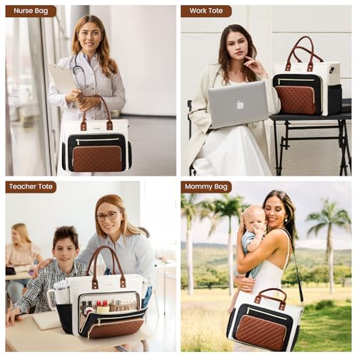 LOVEVOOK Teacher Tote Bag for Women, Laptop Bag Work Bags Computer Bag, Professional Briefcase Business Large Purses Handbag Gifts, Black-Beige-Brown, 17 Inch