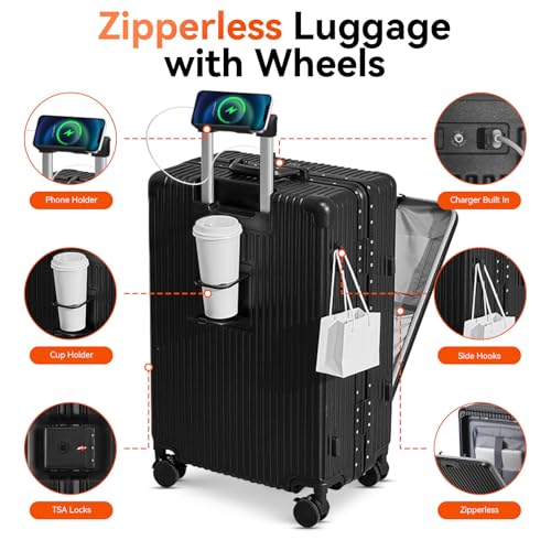 Faqy Z Carry on Luggage, Zipperless Suitcase, Front Pocket, Black, 20 in