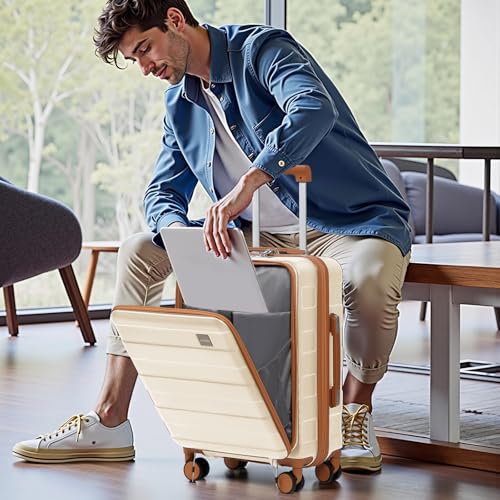 imiomo Carry on Luggage Airline Approved with Front Pocket and USB Port, Hard Shell 20 Inch Travel Carry-on Suitcase with Spinner Wheels and TSA Lock, White