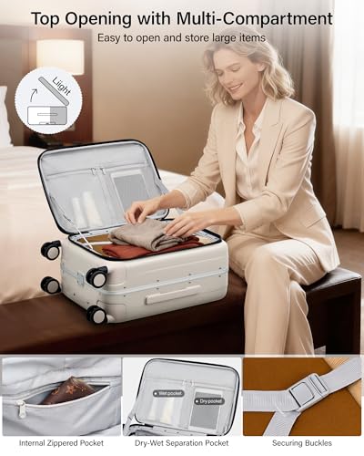 Hanke 20 Inch Carry On Luggage with Wheels PC Hard Shell Suitcase Top Opening Aluminum Frame Travel Luggage Suitcases for Woman Men Gifts.(Ivory White)