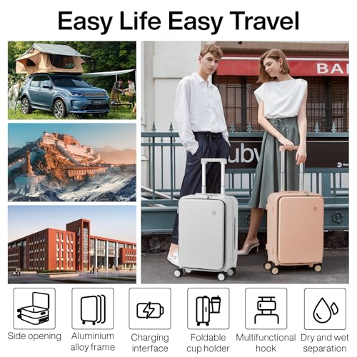 mixi Carry On Luggage with Cup Phone Holder and Charger Hard Shell Suitcases with Spinner Wheels,20 Inch Light Pink