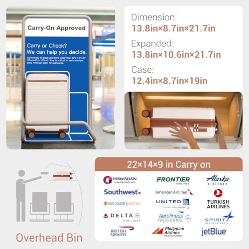 Kono Expandable 20 Inch Carry On Suitcase Airline Approved, Lightweight ABS+PC Hardshell Luggage with 360° Silent Spinner Wheels, Cream/Brown