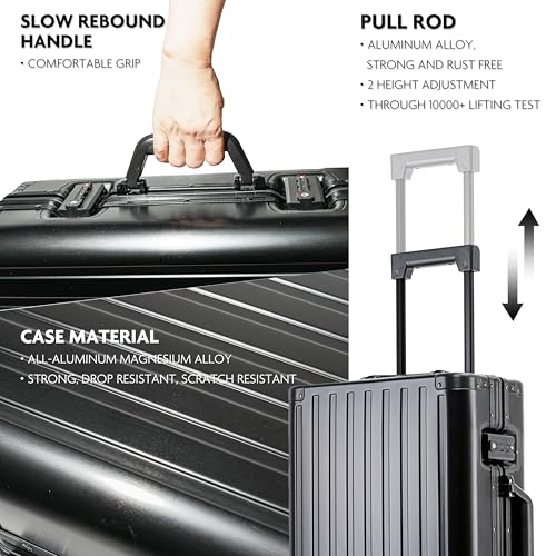 Lanuitjoy All Aluminum Carry On Luggage 22x14x9 Airline Approved Hard Shell Carry On Luggage Zipperless Luggage Metal 20inch Suitcase Luggage, Black