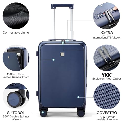 Hanke 20 Inch Carry On Luggage with Front Pocket Aluminum Frame, Hard Shell Suitcases with Wheels, Rolling Luggage, Suitcase with Lock, Travel Luggage for Weekender, Dark Blue