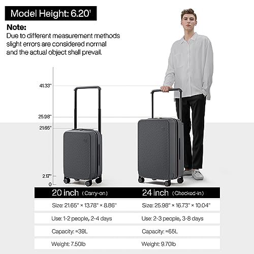 mixi Carry On Luggage Airline Approved 20'' Lightweight Luggage Wide Handle PC Hardshell Suitcases with Spinner Wheels & TSA Lock, Rock Gray