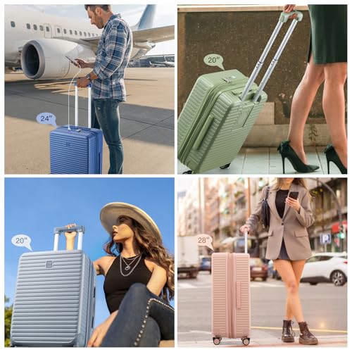 HanTrip Hard Shell Suitcases 20 Inch Carry on Luggage Airline Approved, Expandable Travel Luggage with Cup Holder Charger Built in Lightweight Small Suitcase with Wheels, Pink