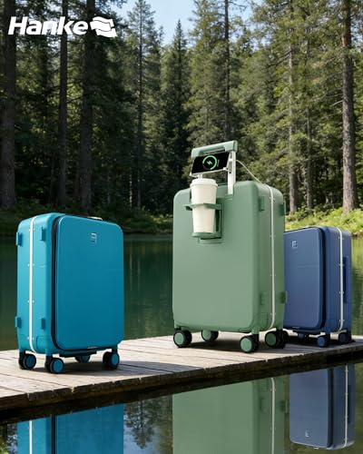 Hanke 20 Inch Top Opening Carry On Luggage with Cup Holder, Hard Shell Suitcase with Spinner Wheels, USB Ports, TSA Lock Aluminum Frame, Dry Wet Separation & Removable Divider, Caribbean Blue