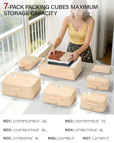 Hanke 7 Piece Expandable Compression Packing Cubes, Premium Travel Packing Organizers for Suitcases/Carry On, Luggage Organizer Bags with Breathable Mesh & Label,Off White