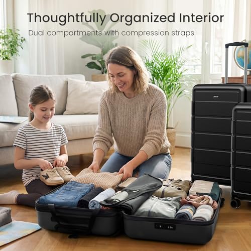 SHOWKOO PRO G-Series Luggage Sets Expandable 100% PC Durable Suitcase Double Wheels TSA Lock Black