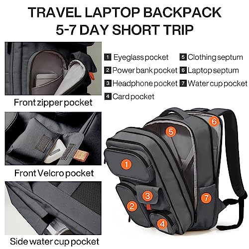 mixi Large Capacity Expandable Travel Backpack for Women & Men 15.6'' Laptop Carry On Weekender Bag Outdoor Hiking with Multifunction Pockets 180° Open Water Resistant 18 Inch 28L, Rock Gray