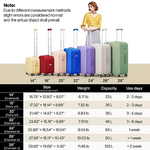 mixi Carry on Luggage, 20'' Suitcase Spinner Wheels Luggage Hardshell Lightweight Rolling Suitcases PC with Cover & TSA Lock for Business Travel, Lilac Purple