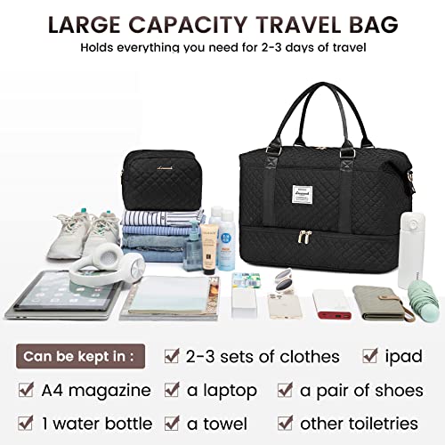 LOVEVOOK Travel Duffle Bag, Weekender Bags for Women with Shoe Compartment, Carry on Overnight Bag with Toiletry Bag, Gym Duffel Bag with Wet Pocket, Hospital Bags for Labor and Delivery, Black