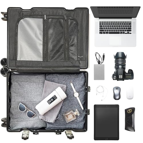Lanuitjoy All Aluminum Carry On Luggage 22x14x9 Airline Approved Hard Shell Carry On Luggage Zipperless Luggage Metal 20inch Suitcase Luggage, Black