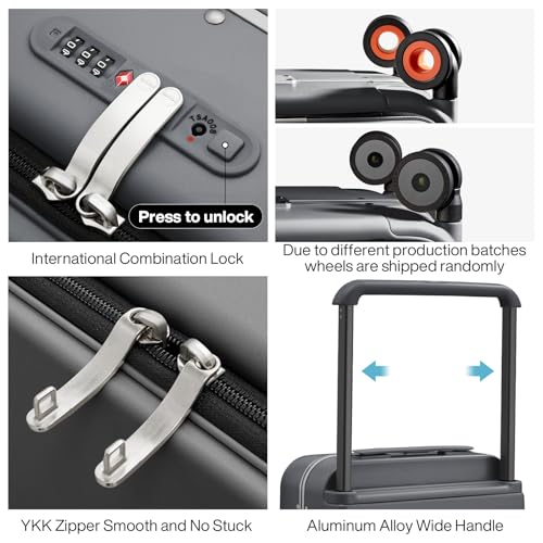 mixi Carry On Luggage Wide Handle Luxury Design Rolling Travel Suitcase PC Hardside with Aluminum Frame Hollow Spinner Wheels, with Cover, 20 inch, Rock Grey