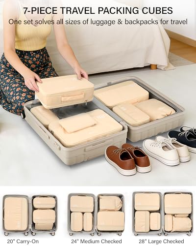 Hanke 7 Piece Expandable Compression Packing Cubes, Premium Travel Packing Organizers for Suitcases/Carry On, Luggage Organizer Bags with Breathable Mesh & Label,Off White