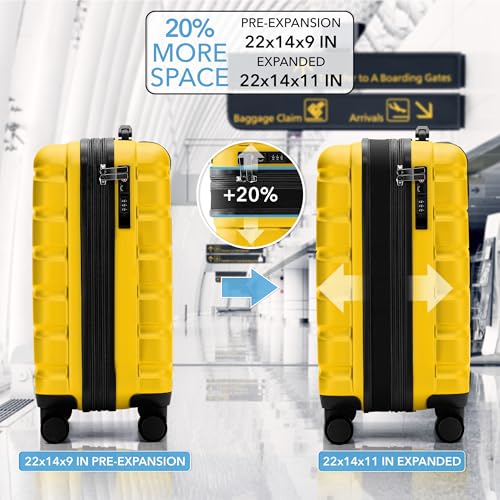 Flight Knight 22x14x9" Expandable Carry On Suitcase Hardside TSA Lock USB C Port Lightweight Luggage Silent Double Spinner Wheels Maximum Overhead Carry-On Bag For American & United Approved Airlines