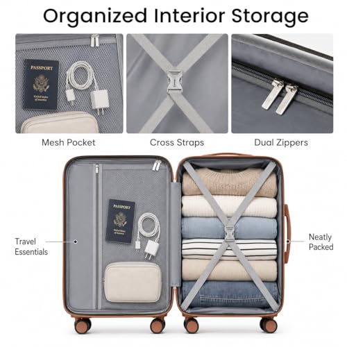 YOETEY Carry On Luggage 22x14x9 Airline Approved, Hardside Suitcase with Wheels, TSA Approved, Tote Bag, White Brown