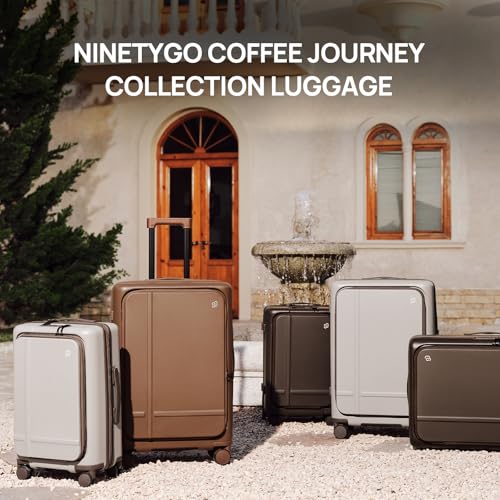 NINETYGO Carry On Luggage 22x14x9 Airline Approved, 20 Inch Suitcase with Front Compartment, Coffee-Infused PC Hard Shell, Eco-Friendly, Cup Holder, Clamshell, TSA Lock, Spinner Wheels (Americano)