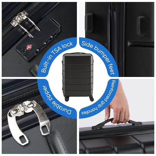 OLIXIS 20 Inch Carry-On Luggage, Hardside Suitcase with Spinner Wheels, Lightweight ABS Hard Shell Travel Luggage, TSA Approved Lock, Expandable Small Suitcase for Business & Travel–Black