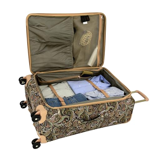 London Fog Mayfair 20 Inch Expandable Spinner Carry on Softside Suitcase, Black Sand Paisley