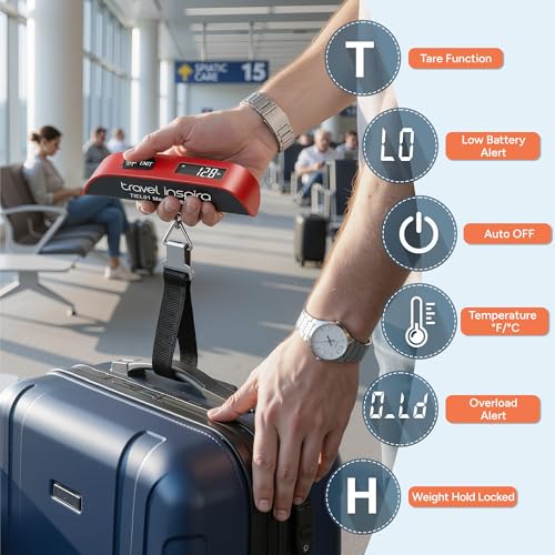 travel inspira Luggage Scale, Portable Digital Hanging Baggage Scale for Travel, Suitcase Weight Scale with Rubber Paint, 110 Pounds, Battery Included - Red