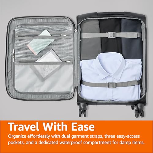 Amazon Basics 20" Carry-On Luggage, Softside Suitcase With TSA Lock, 8 Spinner Wheels, Telescoping Handle, Front Exterior Pocket, 3 Interior Pockets, Black