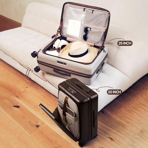 NINETYGO Carry On Luggage 22x14x9 Airline Approved, Top Opening 20 Inch Suitcase with Front Compartment, Expandable, Coffee-Infused PC Shell, Eco-Friendly, Cup Holder, TSA, Spinner Wheels (Latte)