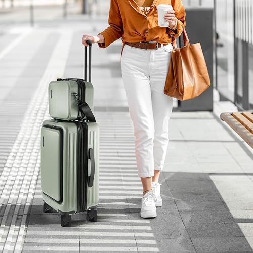 TRAVELARIM 22 Inch Carry On Luggage 22x14x9 Airline Approved, Small Carry On Suitcase, Hard-shell Carry-on Luggage with Wheels, Durable Expandable Sage Green Luggage Carry-On with Cosmetic Case