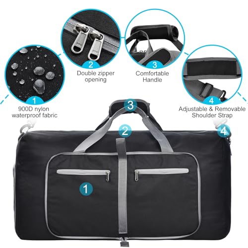 Felipe Varela 65L Duffle Bag with Shoes Compartment, Foldable Waterproof Travel Duffel Bags Duffle Overnight Weekend Travel Gym Bag for Men Women(Black)