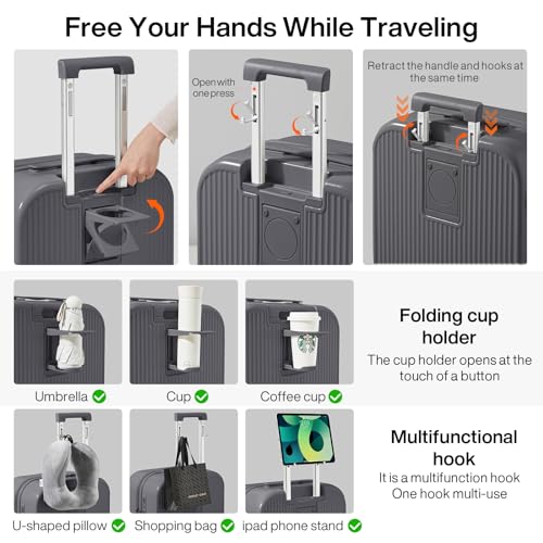 mixi Carry On Luggage with Cup Phone Holder Hard Shell Rolling Travel Suitcase with Spinner Wheels,20 Inch Rock Grey