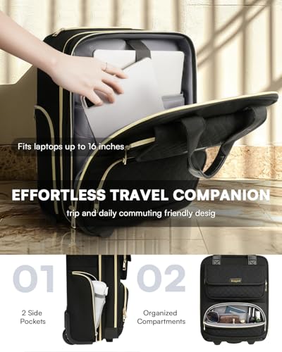 Arcoyard Underseat Carry On Luggage with Wheels, Airline Approved Personal Item Luggage, 16-Inch Multi-functional Underseat Luggage, Lightweight Overnight Suitcase for Women, Bussiness, Travel, Black