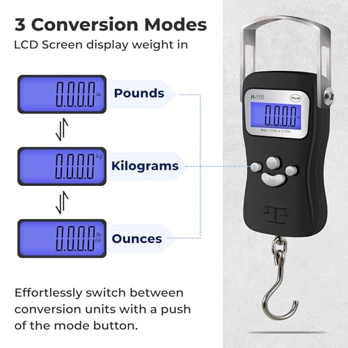 AWS Digital Luggage Scale, Fish Weighing Scale, Hanging Scale 110lb/50kg – Die-Cast Metal Construction, Built-in Tape Measure, Hook & Handle – for Travel, Fishing, Archery, Hunting, Outdoor (Black)