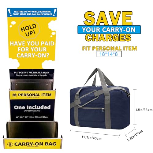 For Spirit Airlines Personal Item Bag 18x14x8 Foldable Carry on Bags for Airplanes Travel Duffel Bags for Women and Men(Snow Navy (With Shoulder Strap))