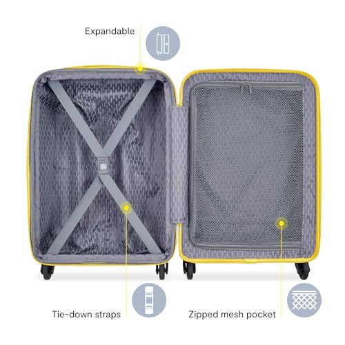 DELSEY PARIS Christine Hardside Expandable Luggage, Stylish and Unique, Glossy Exterior with 360 Spinner Wheels, Lockable Telescoping Handle, Men and Women, White with Yellow Trim, Carry-On 20-Inch