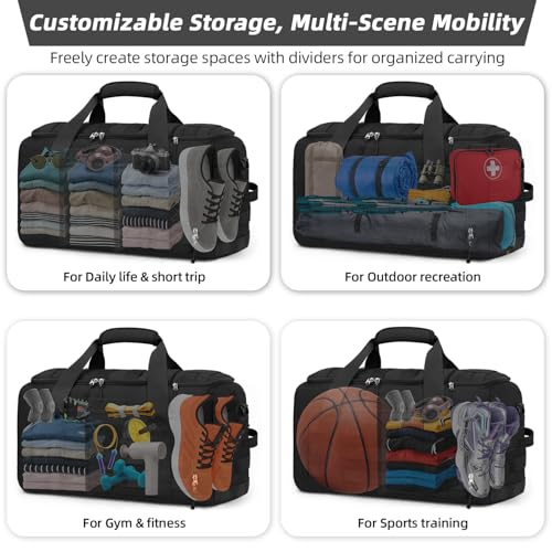 ZOMFELT Tactical Gym Bags for Men, 22x14x9 Carry On Luggage Duffle Bag for Travel, 3-in-1 Sports Basketball Soccer Bag with Removable Dividers & Shoe Compartment, Weekender Overnight Travel bag, Black