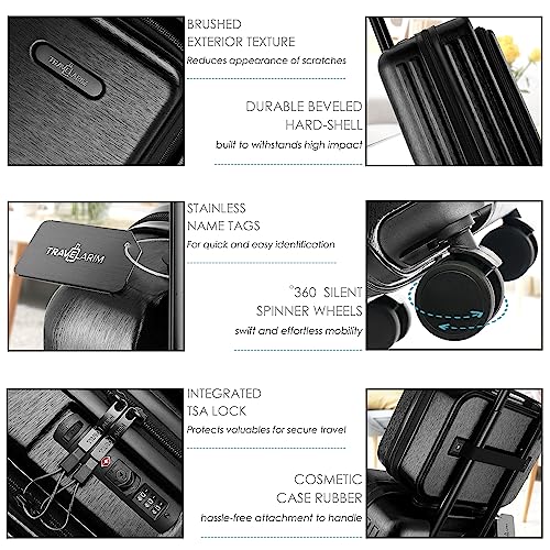 TRAVELARIM 20 Inch Carry On Luggage 22x14x9 Airline Approved, Carry On Suitcase with Wheels, Hard-shell Carry-on Luggage, Durable Luggage Carry-On, Jet Black Small Suitcase with Cosmetic Case