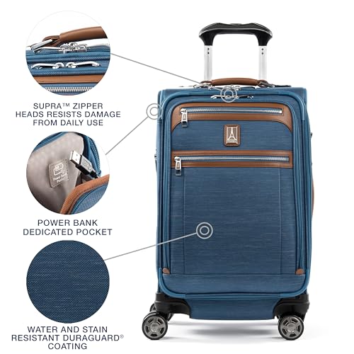 Travelpro Platinum Elite Softside Expandable Carry on Luggage, 8 Wheel Spinner Suitcase, USB Port, Suiter, Men and Women, Coastal Blue, Carry On 21-Inch