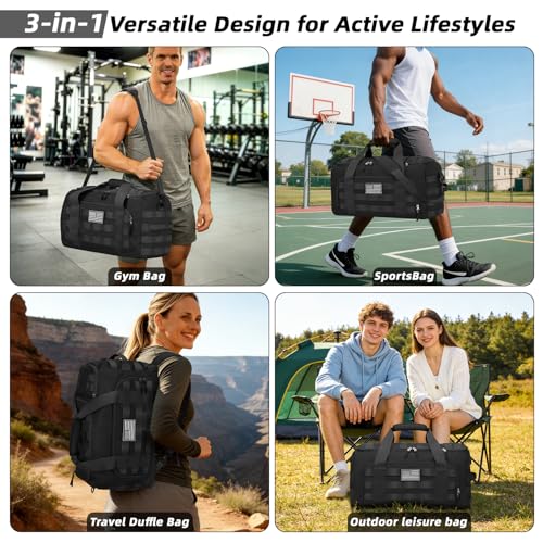 ZOMFELT Tactical Gym Bags for Men, 22x14x9 Carry On Luggage Duffle Bag for Travel, 3-in-1 Sports Basketball Soccer Bag with Removable Dividers & Shoe Compartment, Weekender Overnight Travel bag, Black