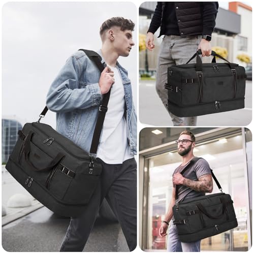 ZOMFELT Travel Duffle Bag for Men, 45L Carry On Luggage 22x14x9 Airline Approved, Waterproof Canvas Overnight Duffel Bag with Removable Dividers, Weekender Gym bag with Shoe Pocket (Washed Black)