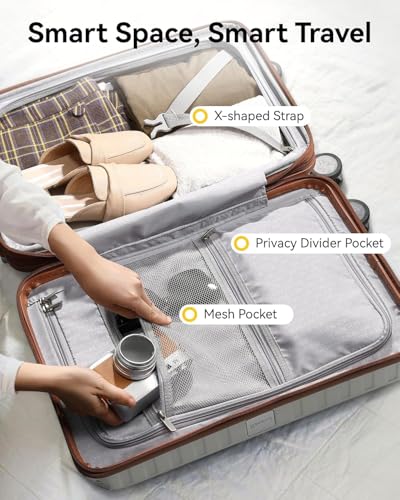 LUGGEX Carry On Luggage 22x14x9 Airline Approved, PC Expandable Hard Shell Suitcases with Spinner Wheels, 20 Inch, White Brown
