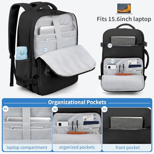 ZOMFELT Travel Backpack for Women Men, Carry on Backpack, TSA 15.6 inch Laptop Backpack Flight Approved, Personal Item Travel Bag Nurse Bag Casual Daypack for Weekender Business Trip, Black