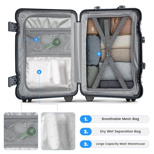 TIYFIY 20 Inch Carry on Luggage with Cup Holder, Airline Approved 22x14x9 Aluminum Frame PC Hard Shell Suitcase, 360° Spinner Wheels, TSA Lock for Short Trips and Business Travel
