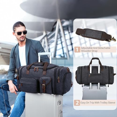 Mens Duffle Bag for Travel 60L Expandable Canvas Weekender Overnight Travel Duffel Bag with Shoe Compartment Carry-On for Airplanes Dark Gray