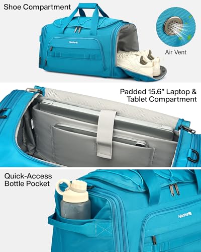 Hanke Duffle Bag for Travel, Dual Expandable 45L-55L Carry On Duffel, 3 In 1 Weekender Tote, Water Resistant Overnight Bag with 15.6" Compartment for Men Women, Caribbean Blue