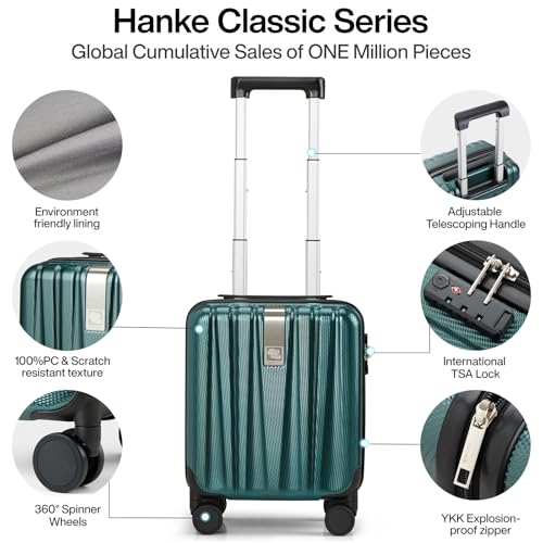 Hanke 14 Inch Underseat Carry On Luggage with Wheels Hard Shell Suitcases Lightweight Small Luggage for Weekender Mini Suitcase Carry On Bag Travel Luggage for Travel Rolling Suitcase.(Blackish Green)